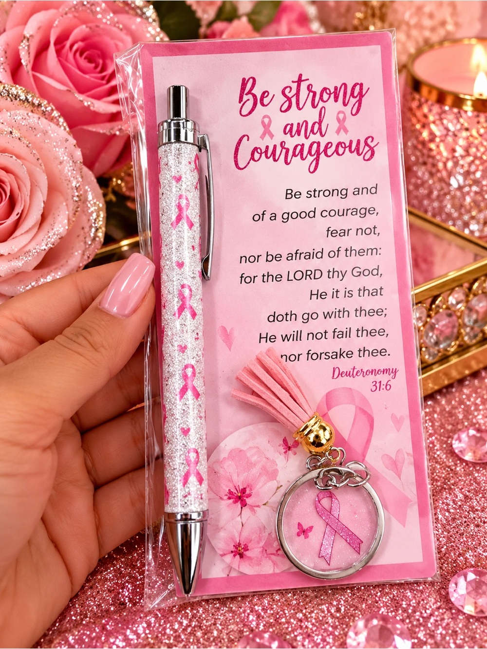 **BUY NOW** Set of 10 Be Strong and Courageous Pink Ribbon Pen & Keychain Set